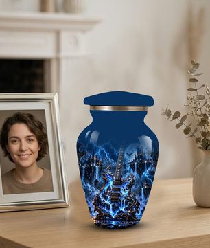 Gothic Electric Guitar Cremation Urn for Ashes, Blue Fantasy Musician Urn, Custom Guitar Urn