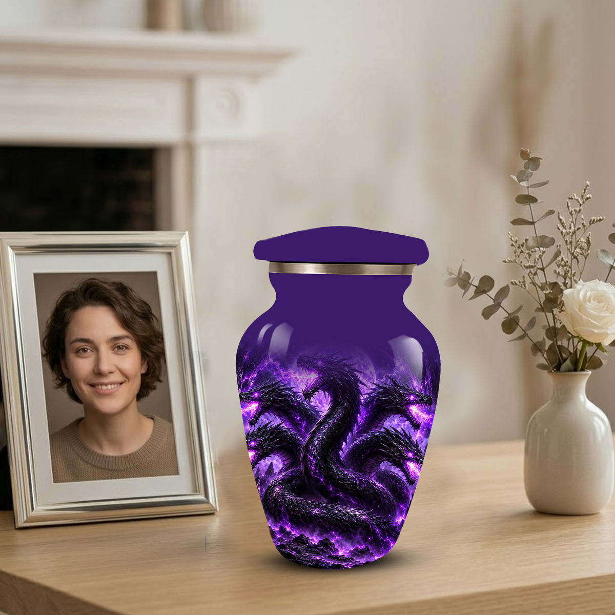 Purple Dragon Cremation Urn for Ashes | Personalized Dragon Memorial Urn | Three Headed Dragon Adult Urn