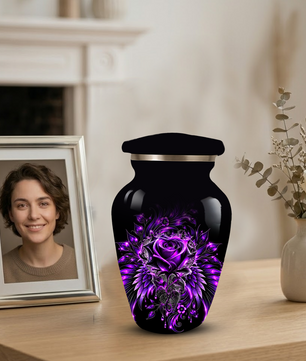 Purple Rose Adult Urn for Ashes – Gothic Floral Design Black Cremation Urn for Adults