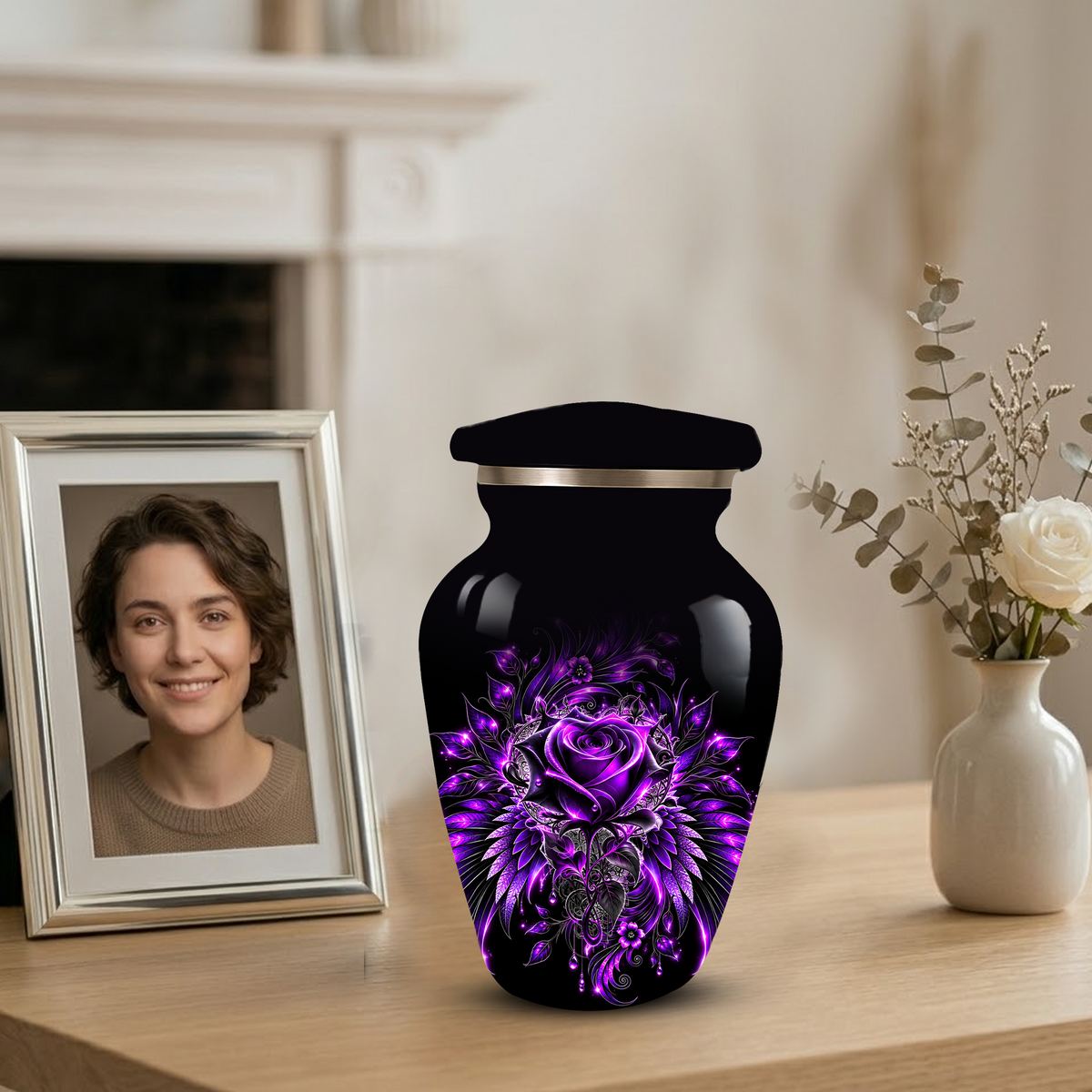 Purple Rose Adult Urn for Ashes – Gothic Floral Design Black Cremation Urn for Adults