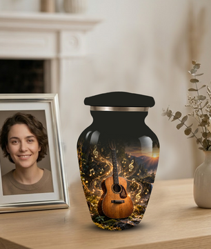 Personalized Guitar Cremation Urn for Ashes, Musical Instrument Urn with Golden Music Notes, Custom Music Lover Urn