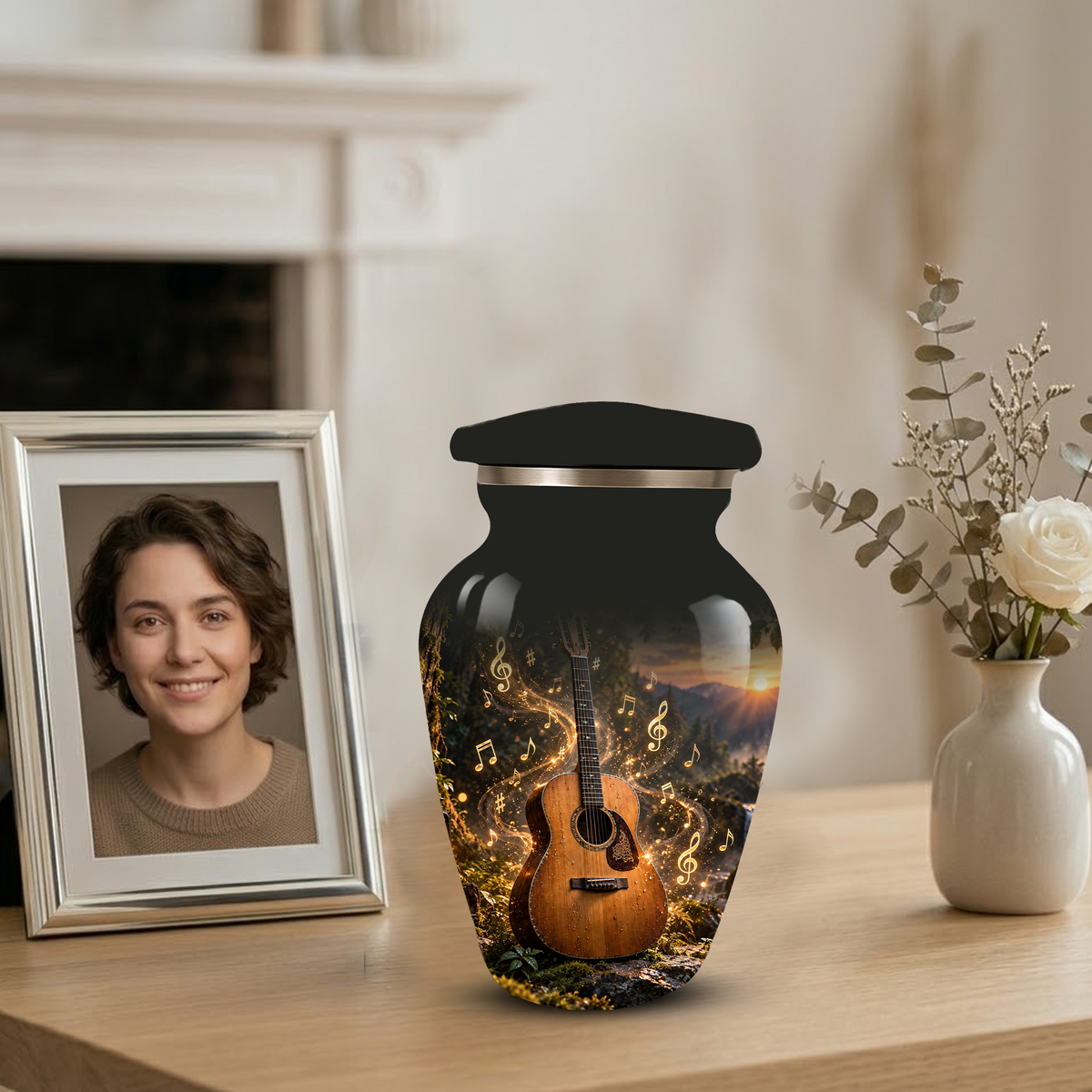 Personalized Guitar Cremation Urn for Ashes, Musical Instrument Urn with Golden Music Notes, Custom Music Lover Urn