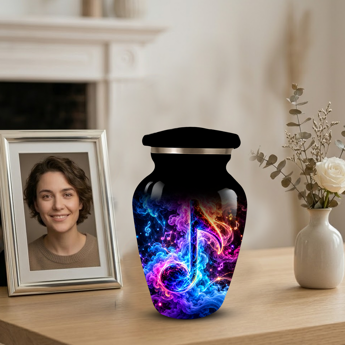 Musical Note Cremation Urn for Adult Ashes, Colorful Galaxy Music Memorial Urn, Adult Cremation Urn with Glowing Neon Treble Clef Artwork