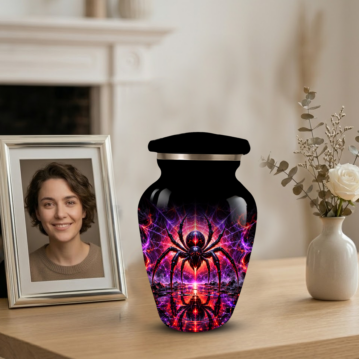 Black Spider Cremation Urn – Gothic Spider Web Adult Memorial Urn for Ashes