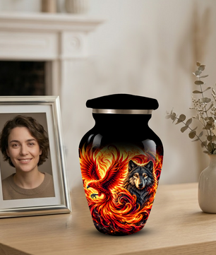 Phoenix and Wolf Cremation Urn for Adult Ashes, Fiery Red Phoenix and Wolf Adult Urn for Human Ashes
