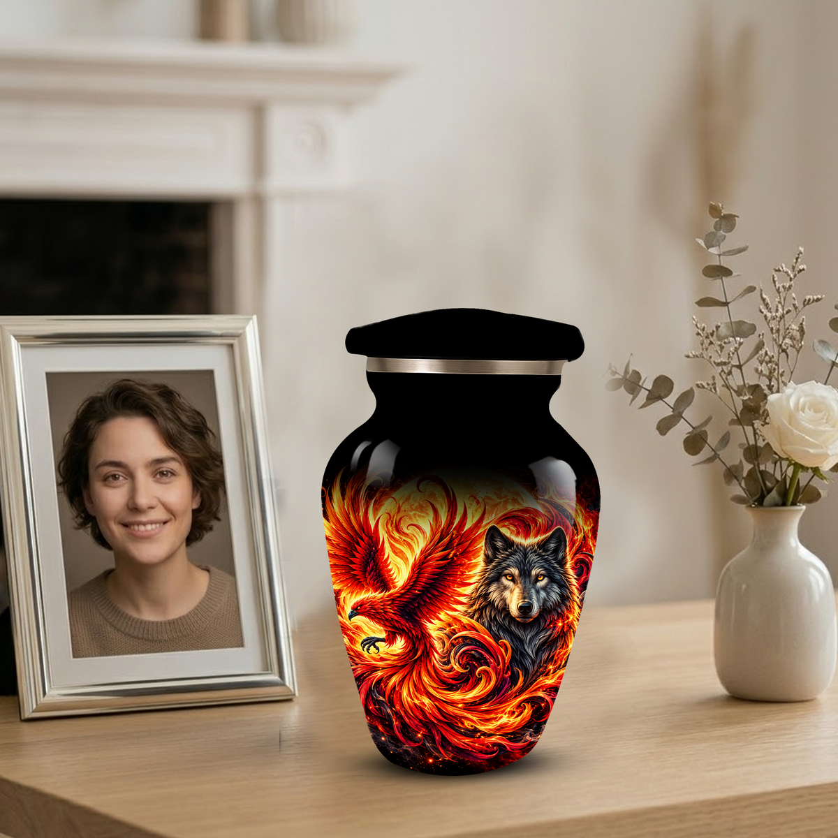 Phoenix and Wolf Cremation Urn for Adult Ashes, Fiery Red Phoenix and Wolf Adult Urn for Human Ashes