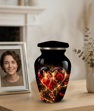 Red Rose Fairy Heart Cremation Urn for Adult Ashes, Personalized Memorial Urn with Romantic Heart Design