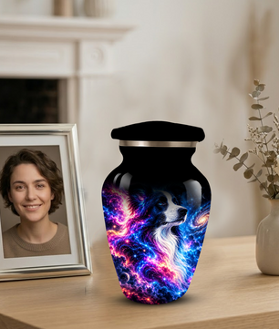 Cosmic Border Collie Cremation Urn for Adult Ashes, Black and White Dog Memorial Urn with Glowing Blue Pink Galaxy and Celestial Stars Artwork