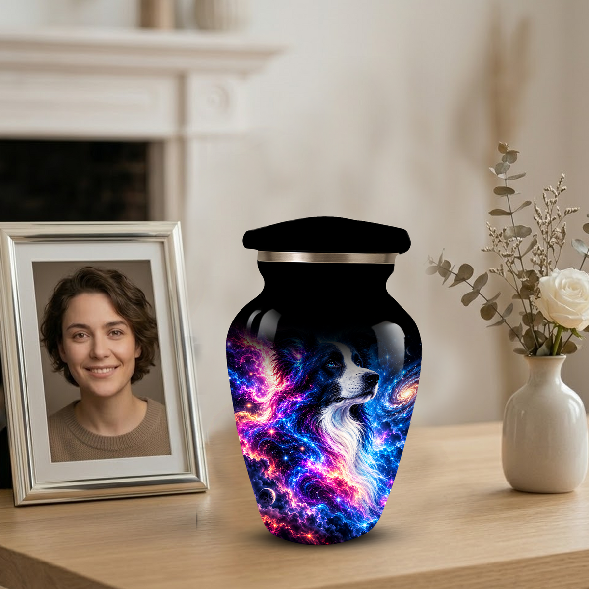 Cosmic Border Collie Cremation Urn for Adult Ashes, Black and White Dog Memorial Urn with Glowing Blue Pink Galaxy and Celestial Stars Artwork