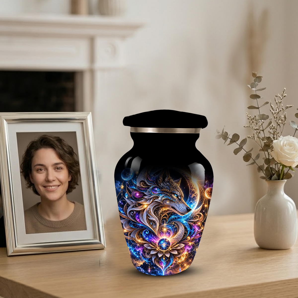 Personalized Adult Cremation Urn for Ashes, Celestial Wolf Memorial Urn, Fantasy Wolf Aluminum Cremation Urn
