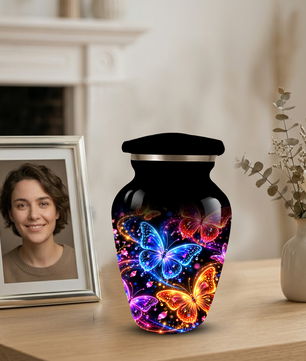 Personalized Butterfly Adult Cremation Urn for Ashes, Colorful Butterfly Memorial Urn, Black Cremation Urn
