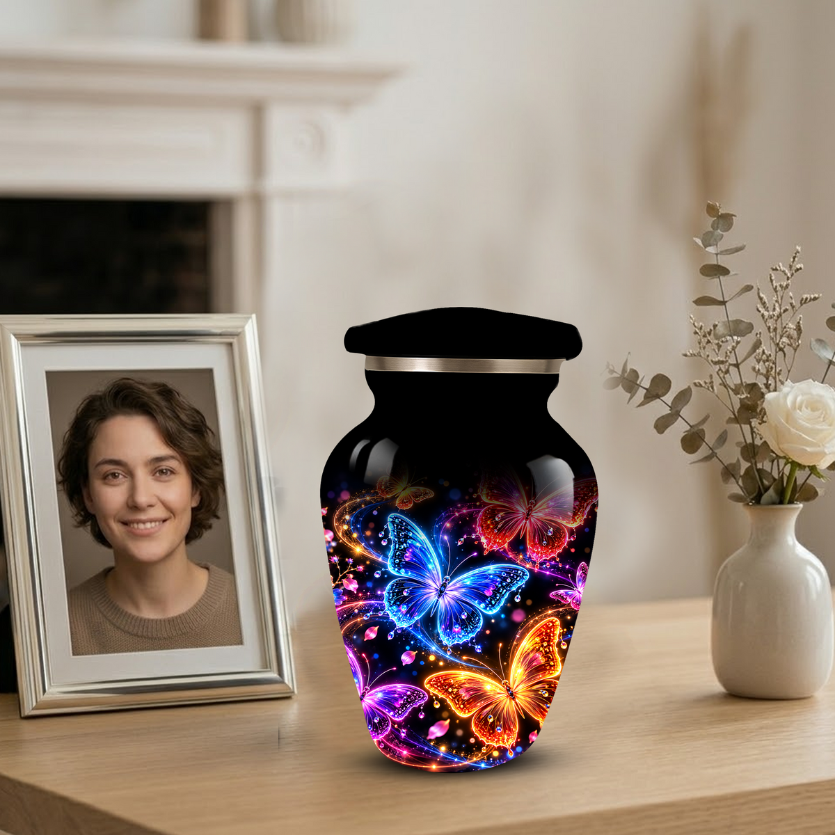 Personalized Butterfly Adult Cremation Urn for Ashes, Colorful Butterfly Memorial Urn, Black Cremation Urn
