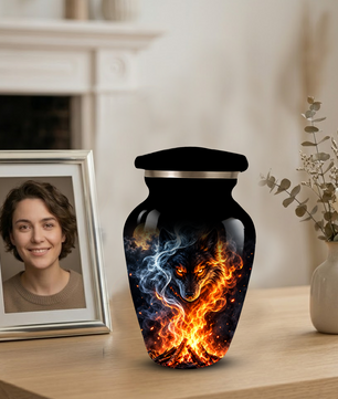 Personalized Adult Cremation Urn for Ashes, Fiery Wolf Memorial Urn, Black Wolf Cremation Urn