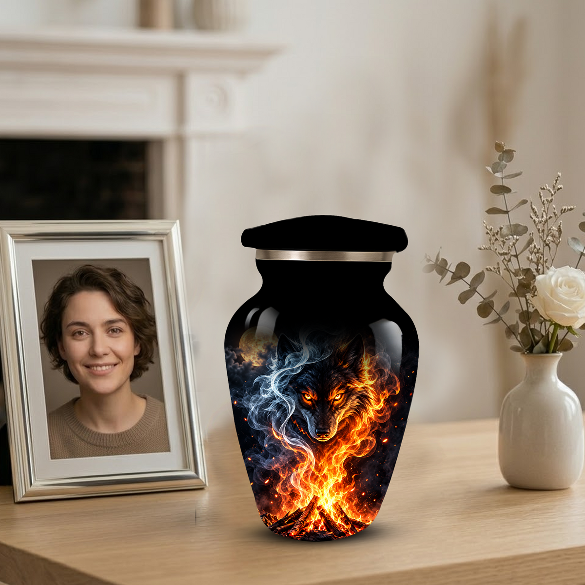 Personalized Adult Cremation Urn for Ashes, Fiery Wolf Memorial Urn, Black Wolf Cremation Urn
