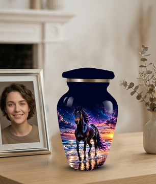 Personalized Adult Cremation Urn for Ashes, Custom Horse Memorial Urn, Black Horse with Purple Mane and Galaxy Sunset Design