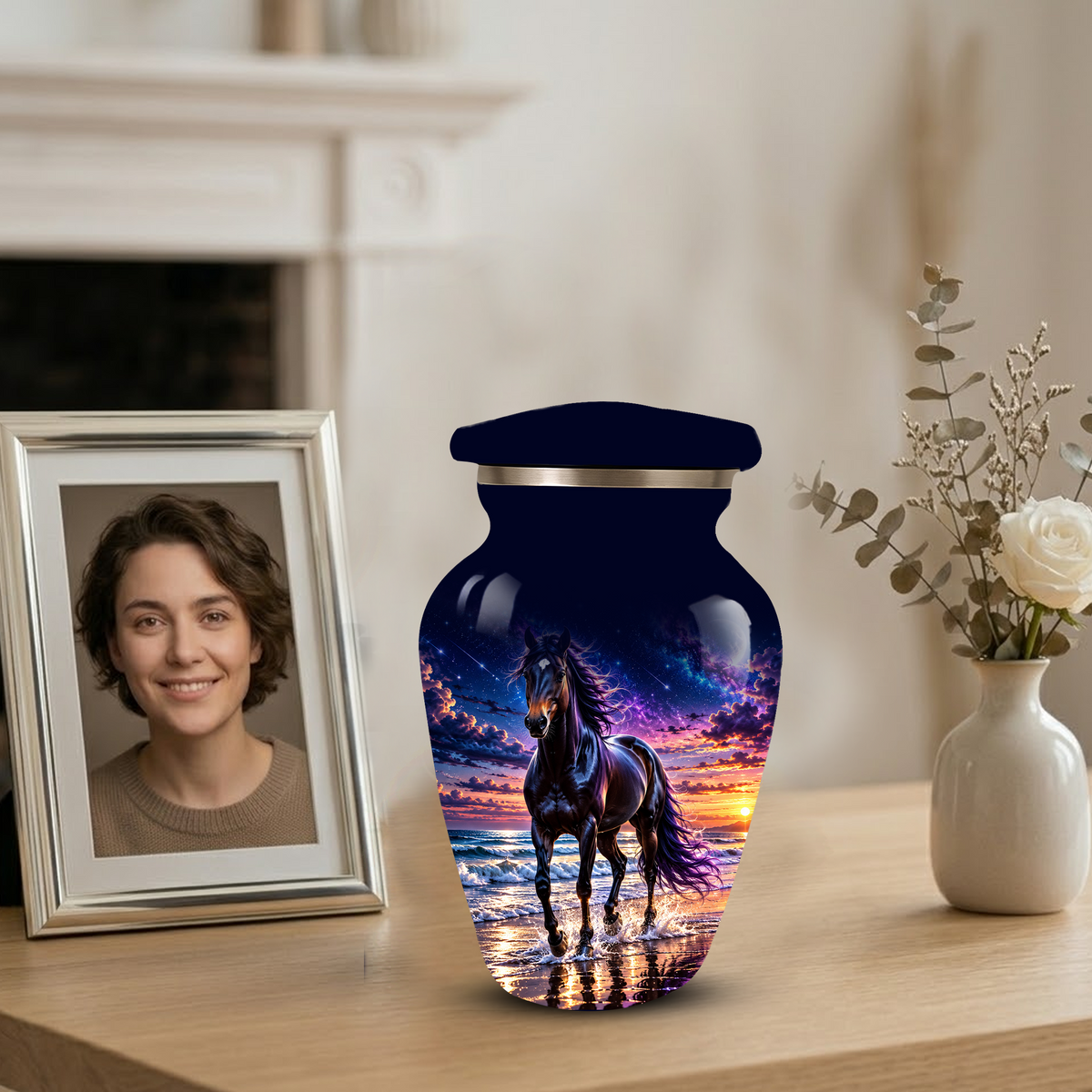 Personalized Adult Cremation Urn for Ashes, Custom Horse Memorial Urn, Black Horse with Purple Mane and Galaxy Sunset Design