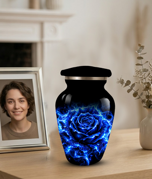 Blue Rose Cremation Urn for Ashes | Personalized Memorial Urn for Human Ashes | Handmade Aluminum Adult Urn