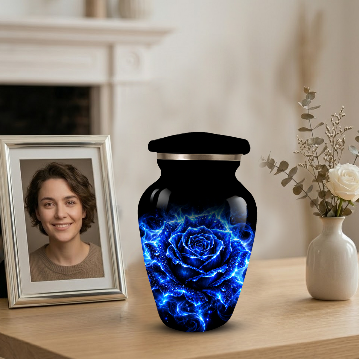 Blue Rose Cremation Urn for Ashes | Personalized Memorial Urn for Human Ashes | Handmade Aluminum Adult Urn