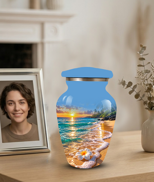 Tropical Beach Sunset Memorial Urn, Plumeria Flower Urn for Human Ashes