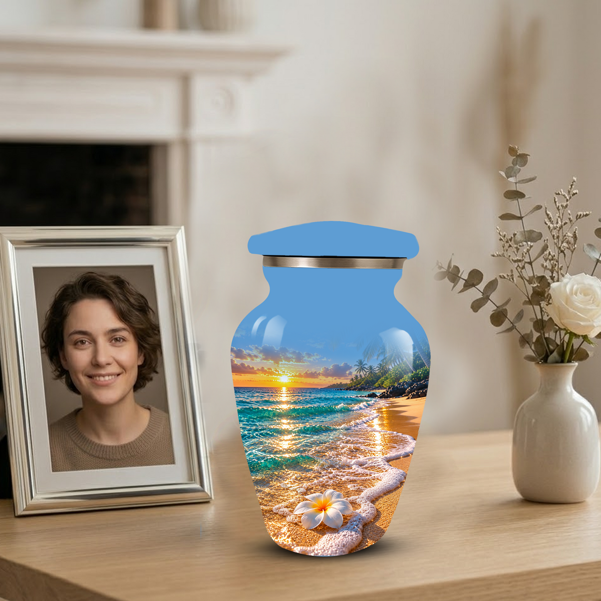 Tropical Beach Sunset Memorial Urn, Plumeria Flower Urn for Human Ashes