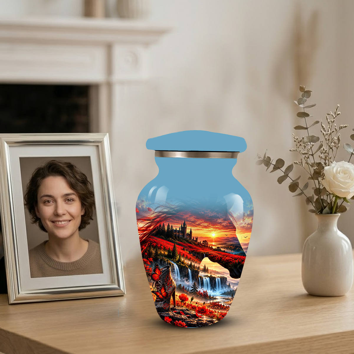 Personalized Fantasy Cremation Urn for Ashes, Red Butterfly Castle Memorial Urn, Custom Adult Urn