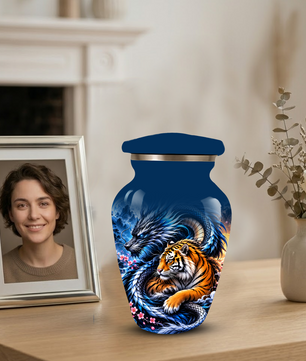 Blue Dragon and Tiger Cremation Urn for Adult Ashes, Fantasy Animal Memorial Urn
