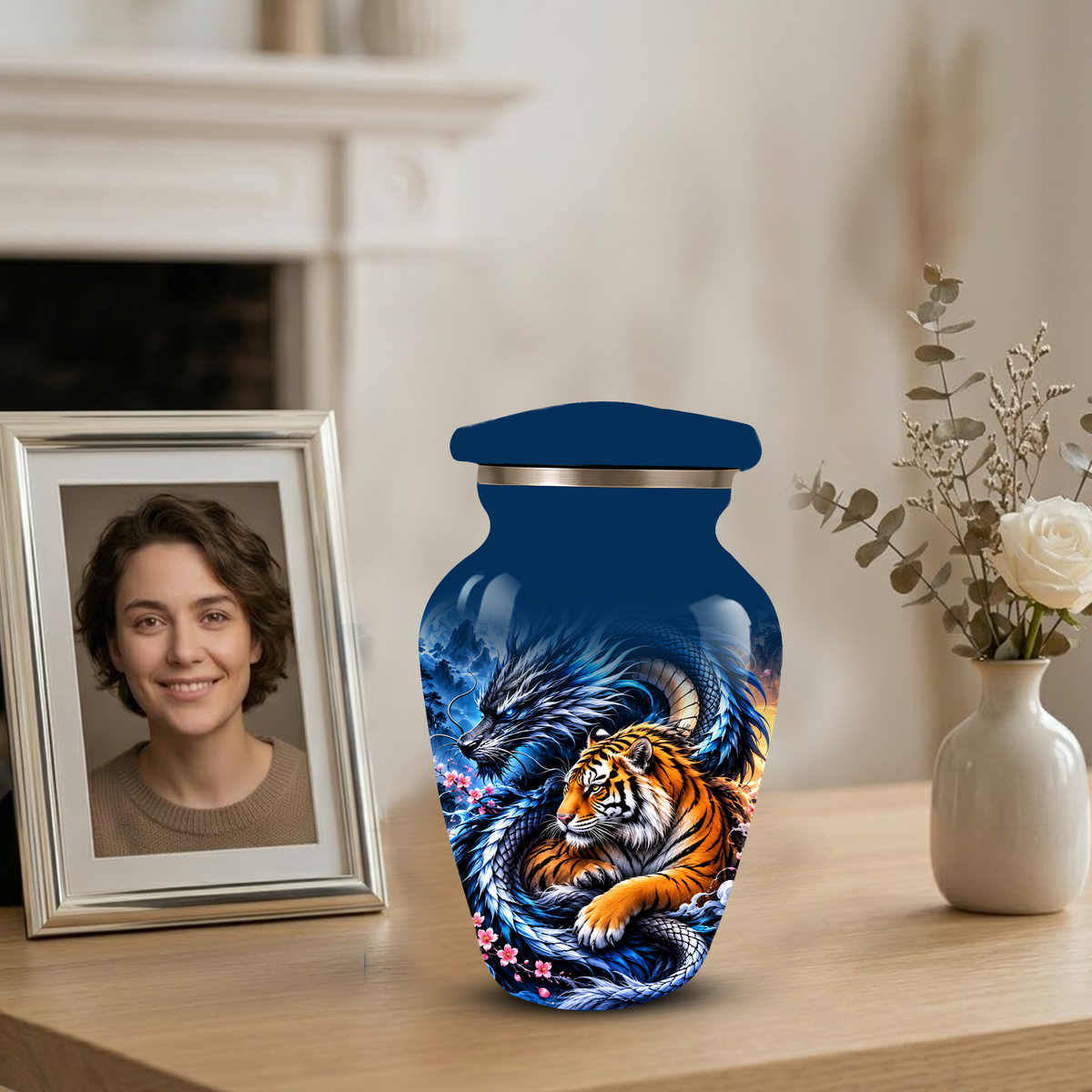 Blue Dragon and Tiger Cremation Urn for Adult Ashes, Fantasy Animal Memorial Urn