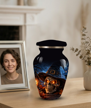 Halloween Skull Adult Urn for Ashes – Gothic Witch Hat Cremation Urn for Adults