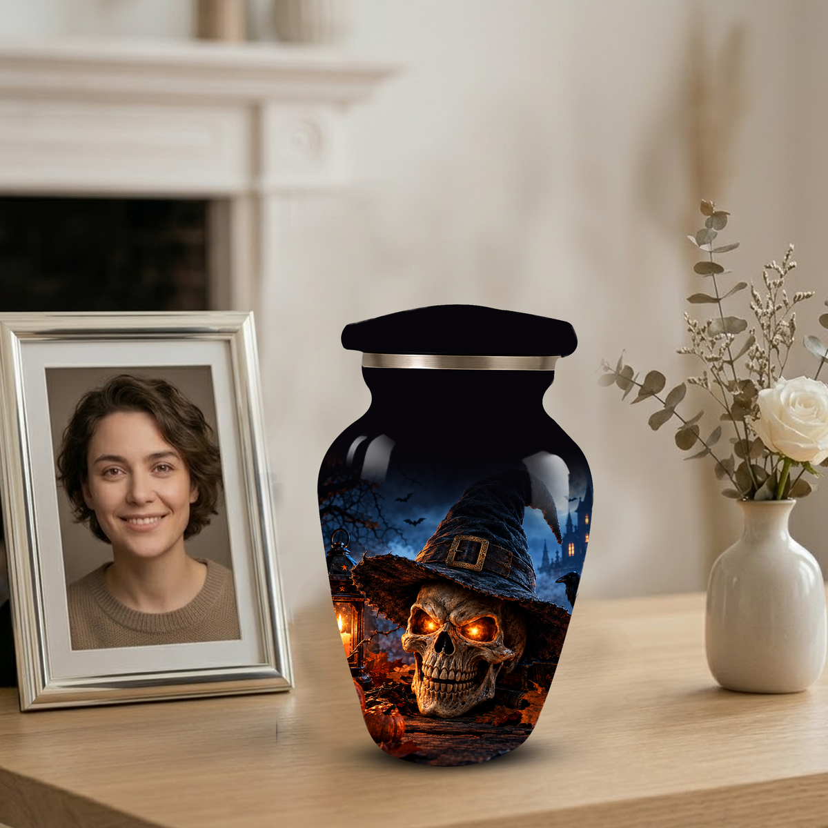 Halloween Skull Adult Urn for Ashes – Gothic Witch Hat Cremation Urn for Adults