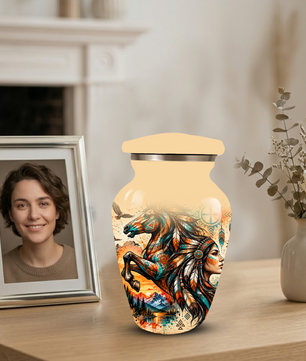 Personalized Adult Cremation Urn for Ashes, Native American Horse Memorial Urn, Tribal Horse Cremation Urn