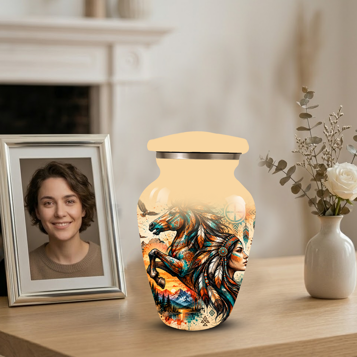 Personalized Adult Cremation Urn for Ashes, Native American Horse Memorial Urn, Tribal Horse Cremation Urn