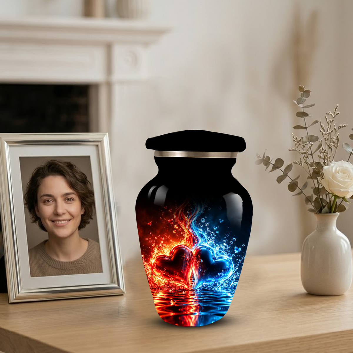Red and Blue Heart Cremation Urn for Adult Ashes, Personalized Memorial Urn with Fire and Water Design