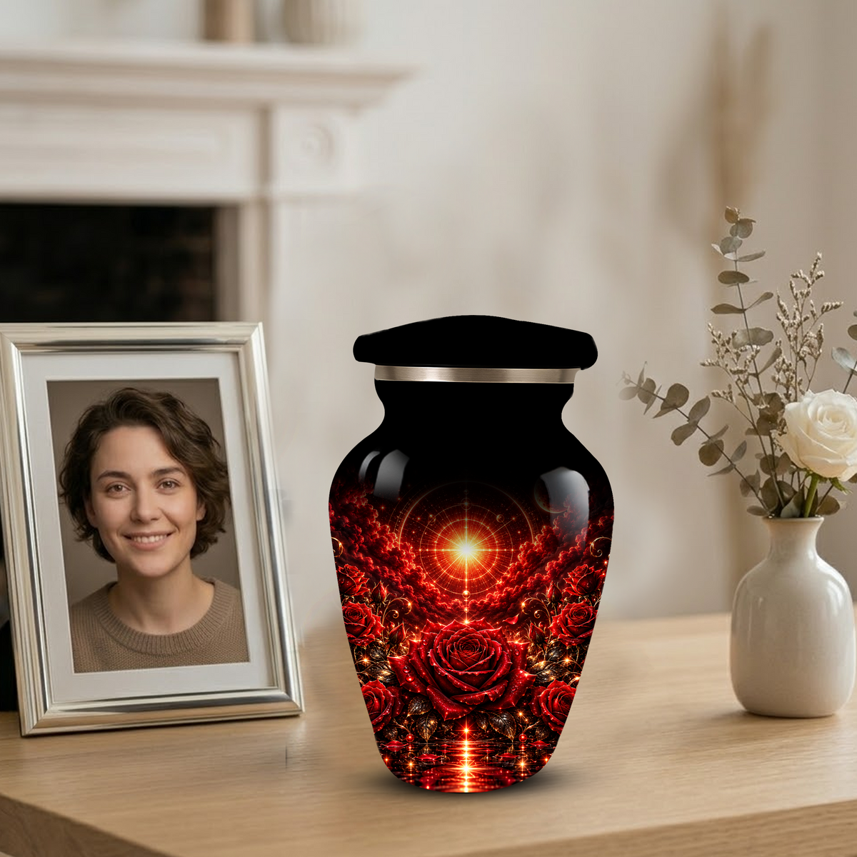 Red Rose Cremation Urn – Elegant Adult Memorial Urn for Ashes with Celestial Rose Design