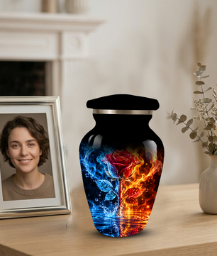 Red Rose Cremation Urn for Adult Ashes – Blue and Orange Flame Memorial Urn