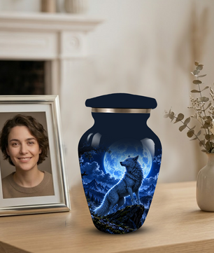 Personalized Adult Cremation Urn for Ashes, Custom Blue Wolf Moon Memorial Urn, Wildlife Cremation Urn