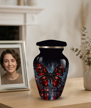 Gothic Butterfly Adult Urn for Ashes – Red & Black Skull Butterfly Cremation Urn for Adults