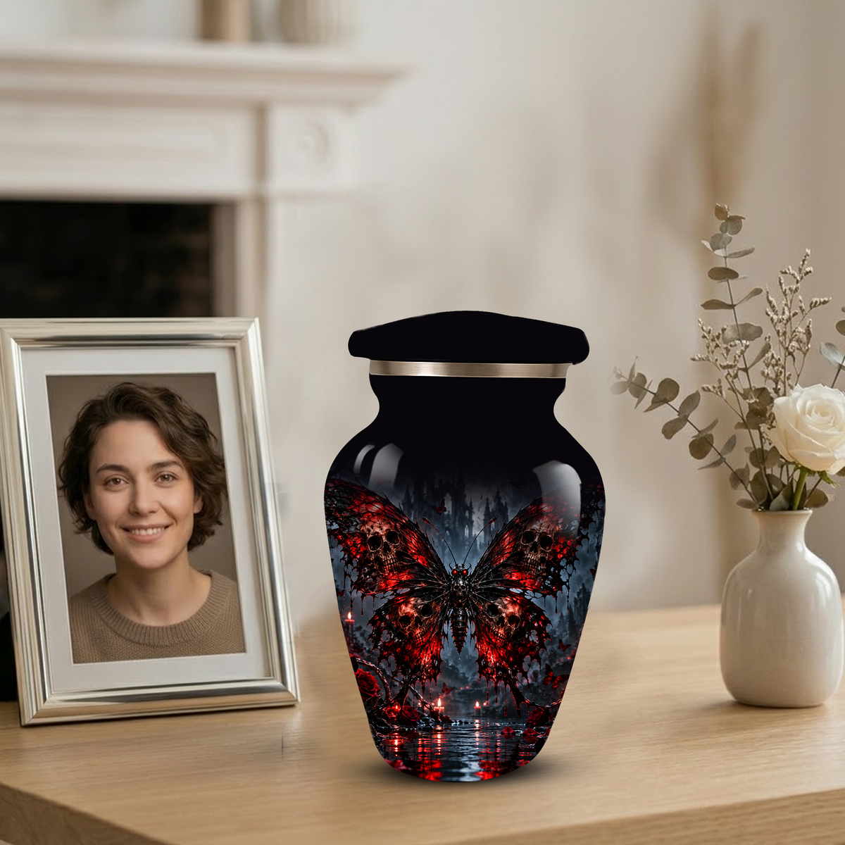 Gothic Butterfly Adult Urn for Ashes – Red & Black Skull Butterfly Cremation Urn for Adults