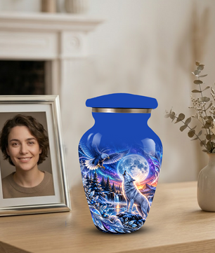 Personalized Adult Cremation Urn for Ashes, Custom Wolf and Eagle Memorial Urn, Blue Moonlight Fantasy Wildlife Design