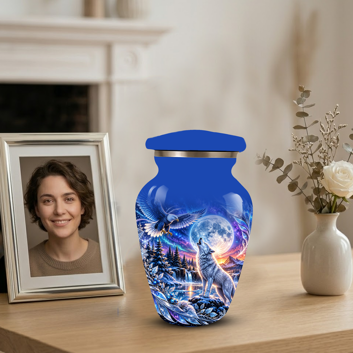 Personalized Adult Cremation Urn for Ashes, Custom Wolf and Eagle Memorial Urn, Blue Moonlight Fantasy Wildlife Design