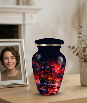 Personalized Adult Cremation Urn for Ashes, Custom Pirate Ship Red Moon Memorial Urn, Nautical Cremation Urn