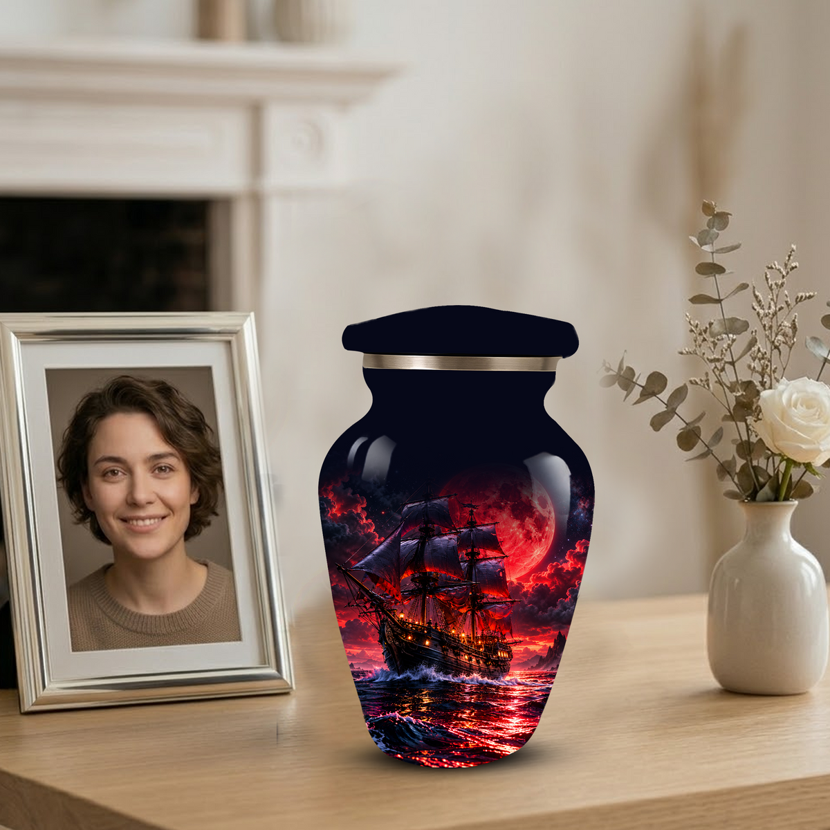 Personalized Adult Cremation Urn for Ashes, Custom Pirate Ship Red Moon Memorial Urn, Nautical Cremation Urn