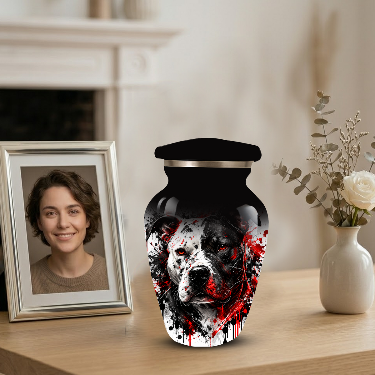 Personalized Pitbull Cremation Urn for Ashes  Black and White Pet Portrait Urn with Red Accents