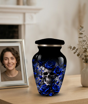 Blue Rose Skull Adult Urn for Ashes – Memorial Cremation Urn for Adults,