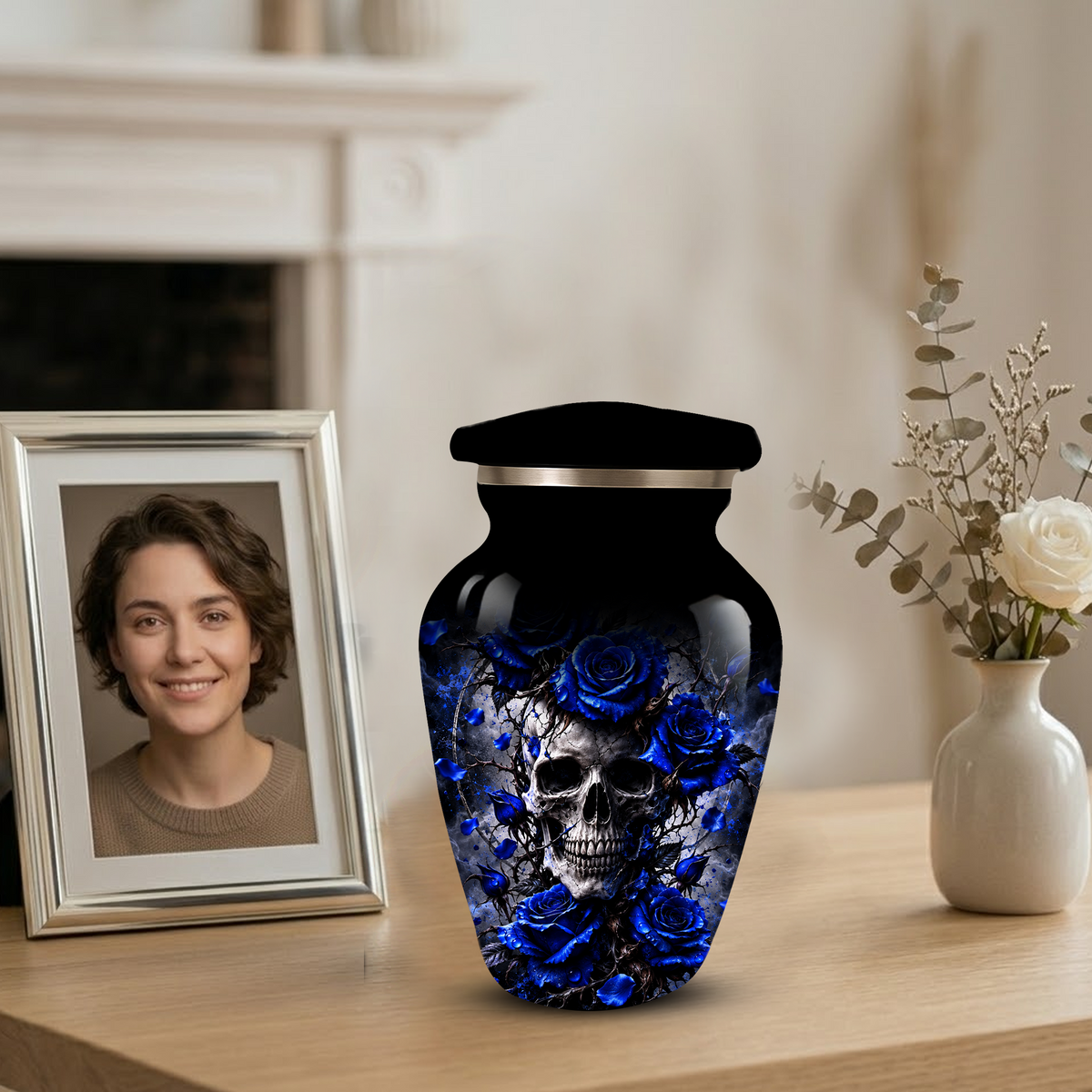 Blue Rose Skull Adult Urn for Ashes – Memorial Cremation Urn for Adults,