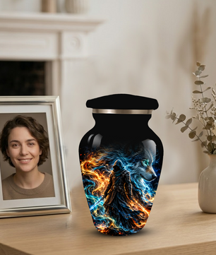 Personalized Adult Cremation Urn for Ashes, Custom Wolf Memorial Urn, Fantasy Warrior Blue and Orange Flame Artwork
