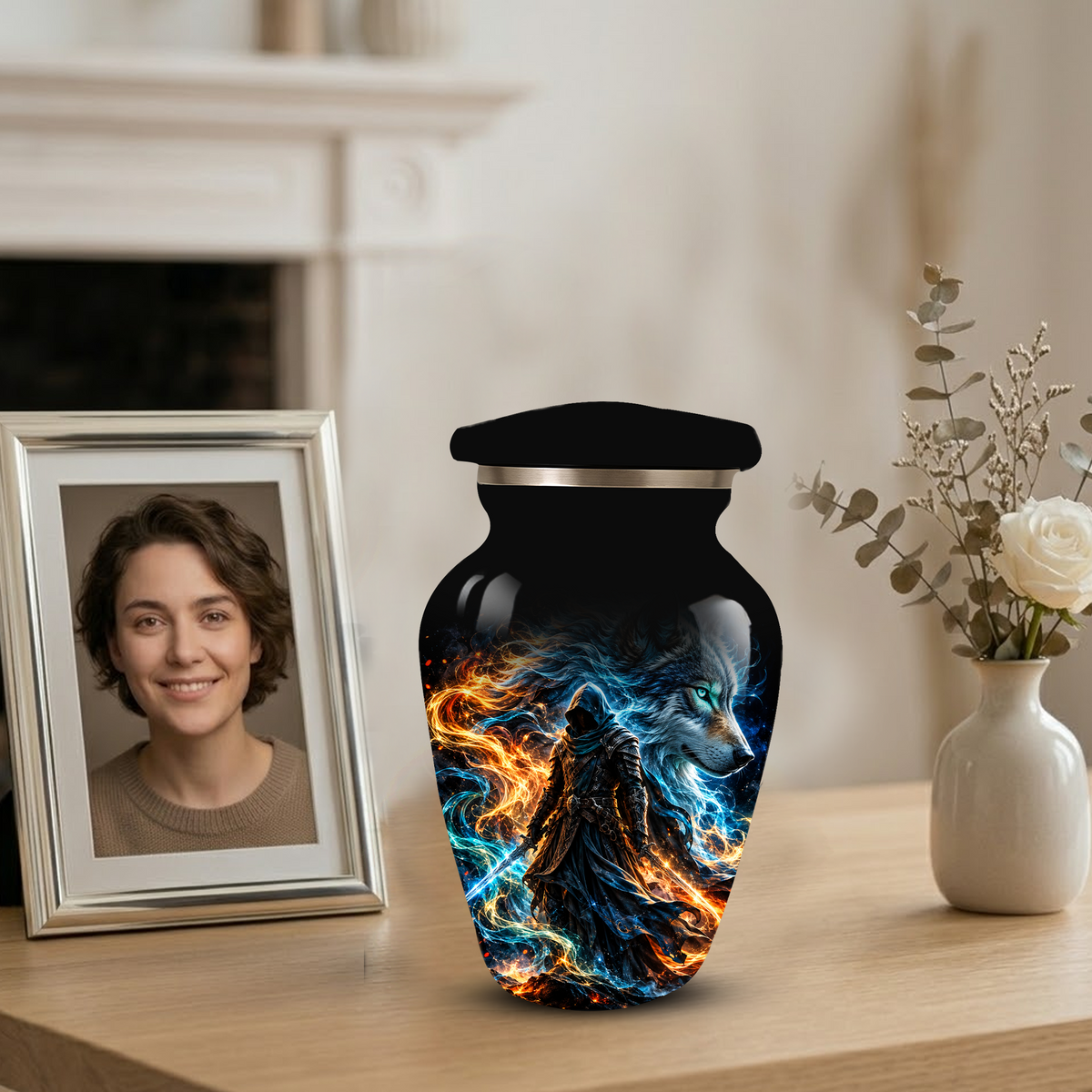 Personalized Adult Cremation Urn for Ashes, Custom Wolf Memorial Urn, Fantasy Warrior Blue and Orange Flame Artwork