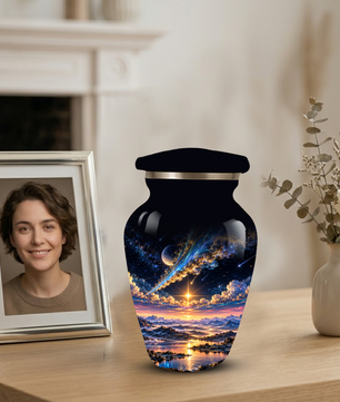 Personalized Adult Cremation Urn for Ashes, Custom Memorial Urn, Galaxy and Mountain Sunset Design