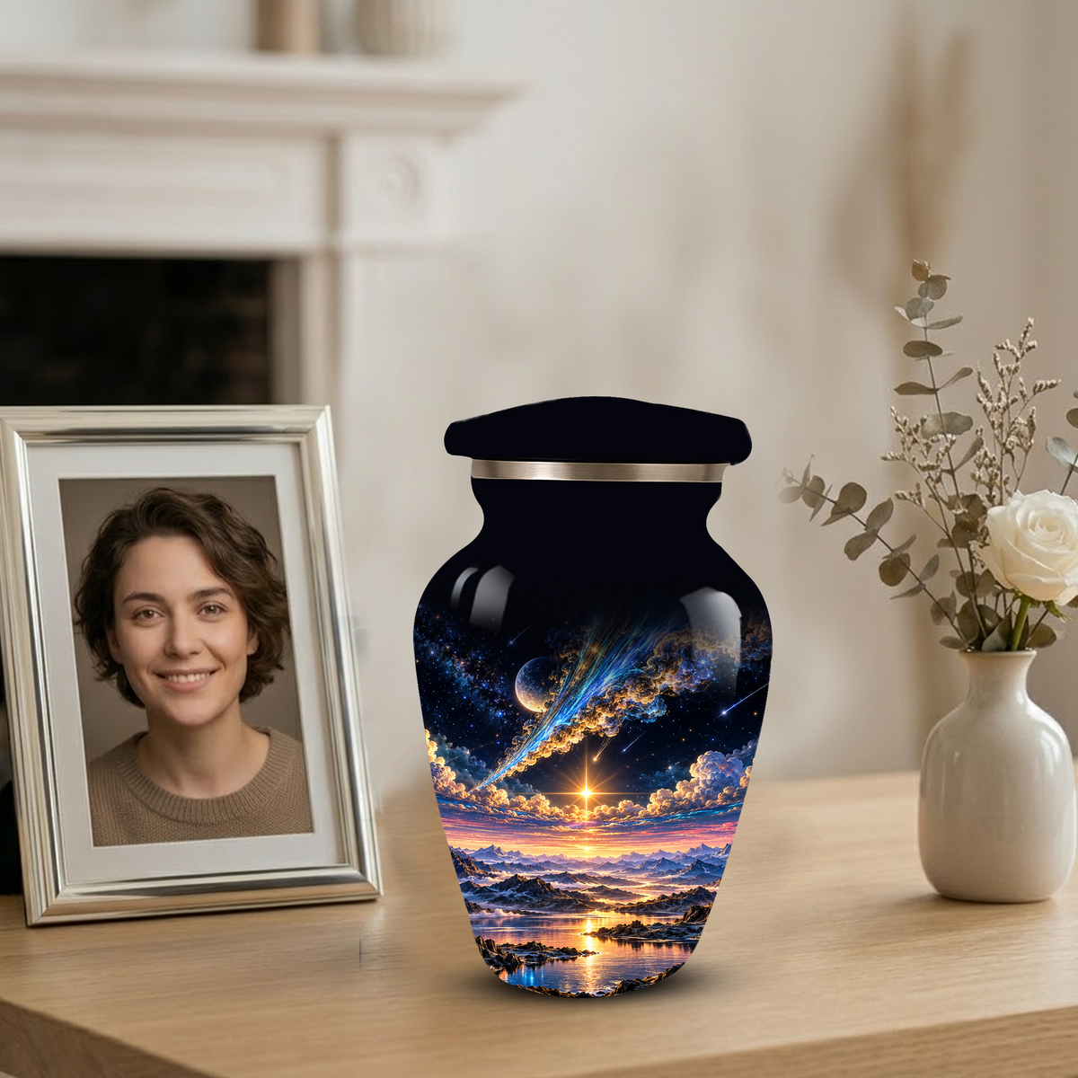 Personalized Adult Cremation Urn for Ashes, Custom Memorial Urn, Galaxy and Mountain Sunset Design