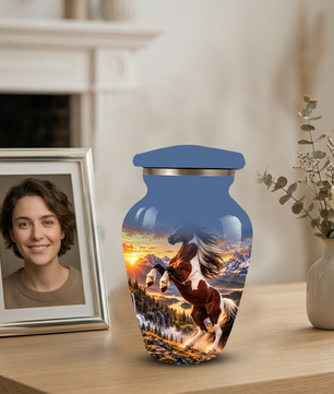 Horse Cremation Urn for Ashes, Rearing Horse Sunset Design, Custom Horse Lover Pet Memorial Urn