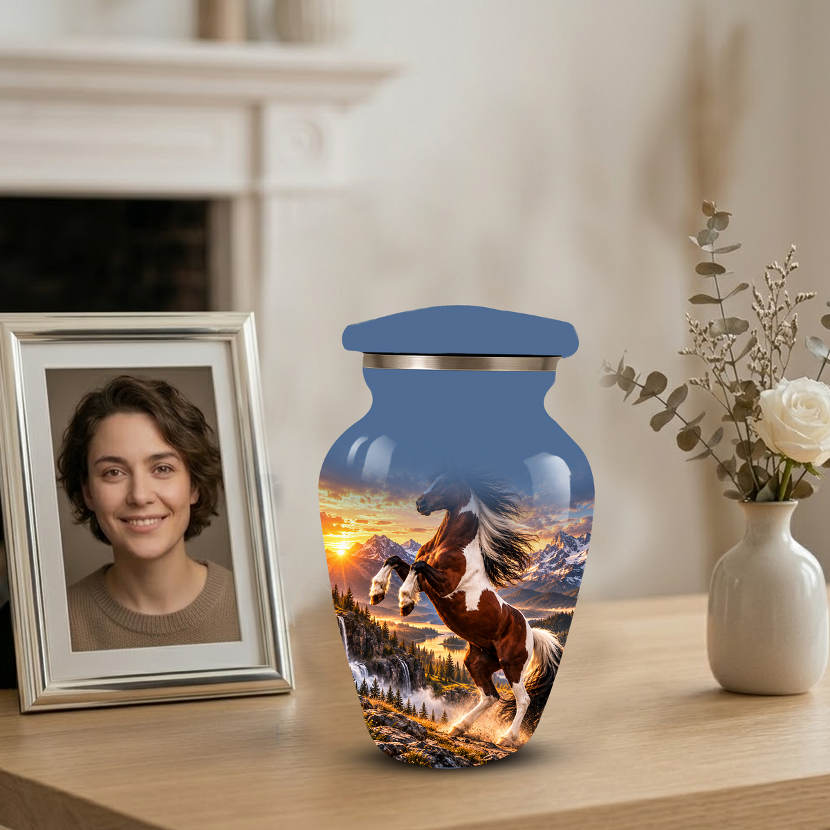 Horse Cremation Urn for Ashes, Rearing Horse Sunset Design, Custom Horse Lover Pet Memorial Urn